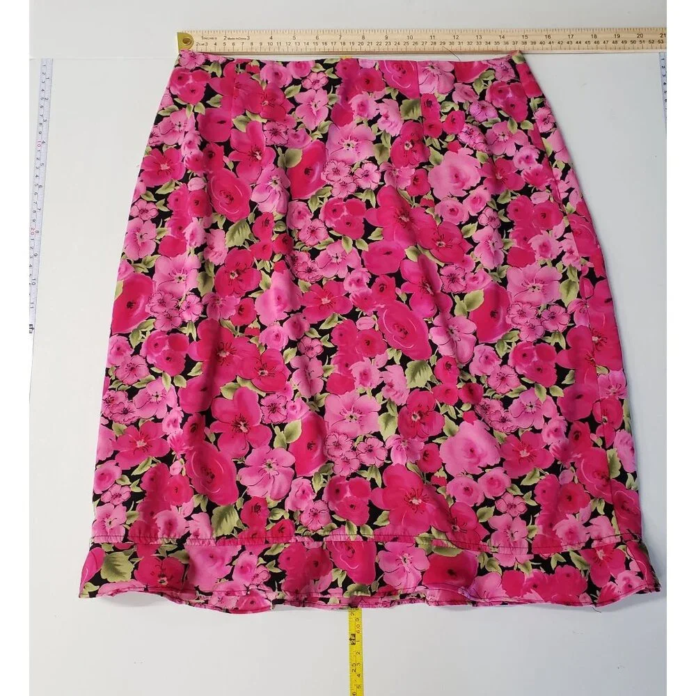 Vintage 90s‎ Floral Pink Skirl Size 12 Womens Rufffle Hem USA Cottagecore Grunge